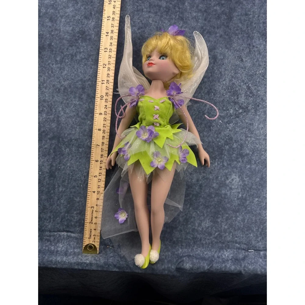 Tinker Bell Inspired Fairy Doll 14 Inch Green Floral Dress Shimmering Wings